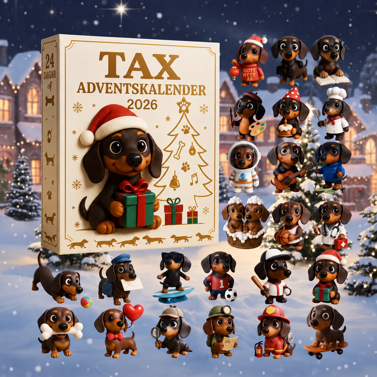 DoxieJul | Adventskalender med taxtema, 24 luckor