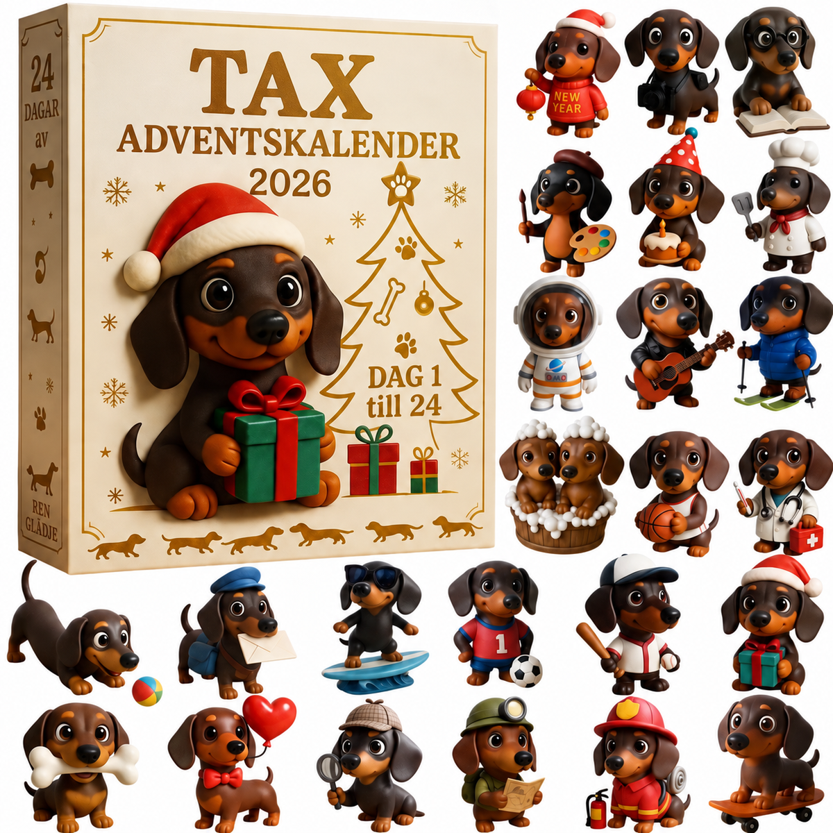 DoxieJul | Adventskalender med taxtema, 24 luckor